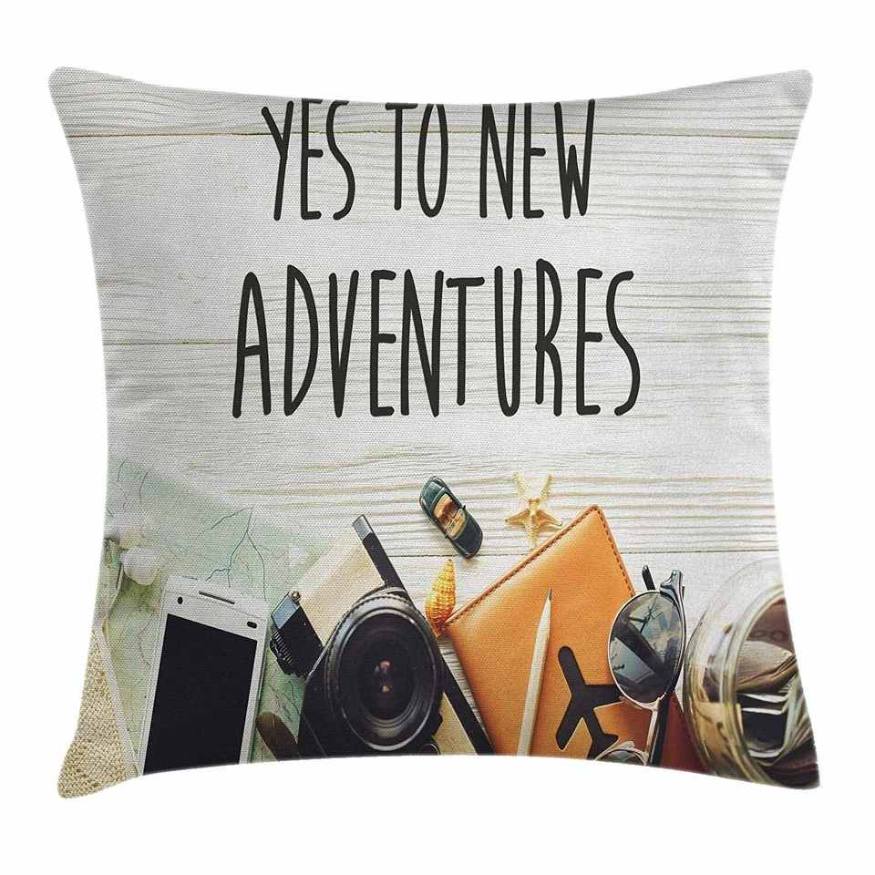 Adventures Text Travel Preparations Theme Wanderlust Concept Retro Pillow Case   - Image 1 of 1