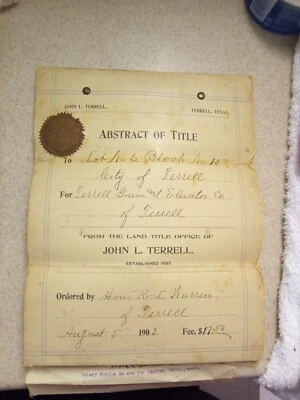 标题摘要 John L Terrell,Terrell Texas 28 页印章加盖  — 第 1/4 张图片