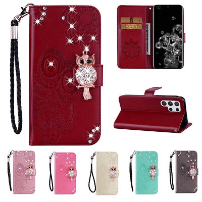 For Samsung S25 S24 S23 S22 S21 Cute Diamond Owl Pattern Stand Wallet Case+Strap - Image 1 of 4