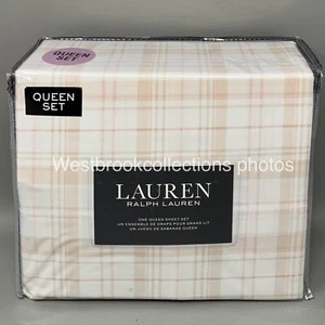 Ralph Lauren XDP QUEEN 4pc Sheet Set Soft Pink Tan & White Plaid Country Cottage - Picture 1 of 7