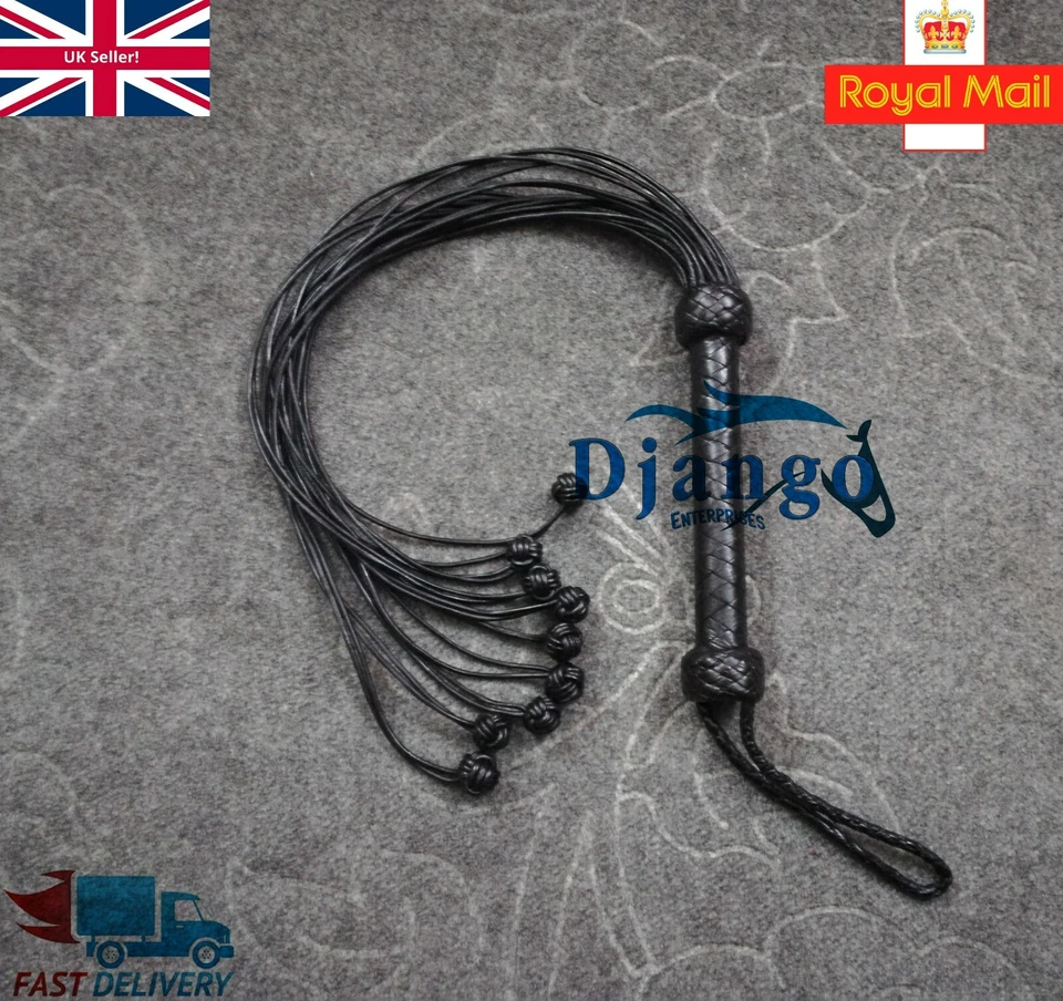 DJANGO-ENTERPRISES Cat-O-Nine Tails Flogger in pelle di mucca con robusto 9 nodi frusta nera allenamento