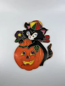 Vtg 1980s Black Cat Jack O Lantern Halloween Stained Plastic Decor Sun Catcher - Picture 1 of 3