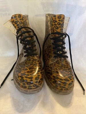 Women's Rain Rubber Boots Henry Ferrera Leopard  Size 8 Combat Style Lace up Foto 1 de 4