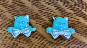 2 Vtg Kitty Cat Baby Doll Barrettes 1” Teal Silver 🦋🐱70s Era - Picture 1 of 5