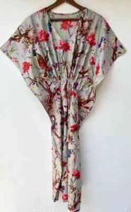 Indian Bird Printed Kaftan 100% Cotton Hippie Maxi Women Nightwear Caftan Dress - Picture 1 of 8