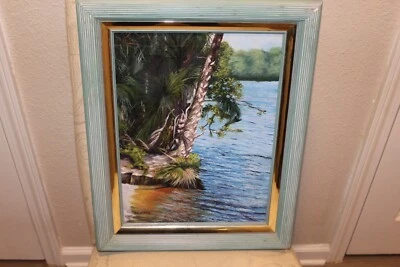 Картина маслом реки Тамока из Флориды от S.A. Myres Blue Frame 13 x 17 замеченная - Изображение 1 из 4