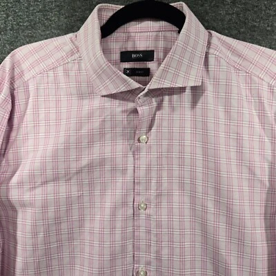 Camisa de vestir Hugo Boss para hombre ajustada a cuadros/a cuadros con botones rosa talla 44 17,5 Foto 1 de 4