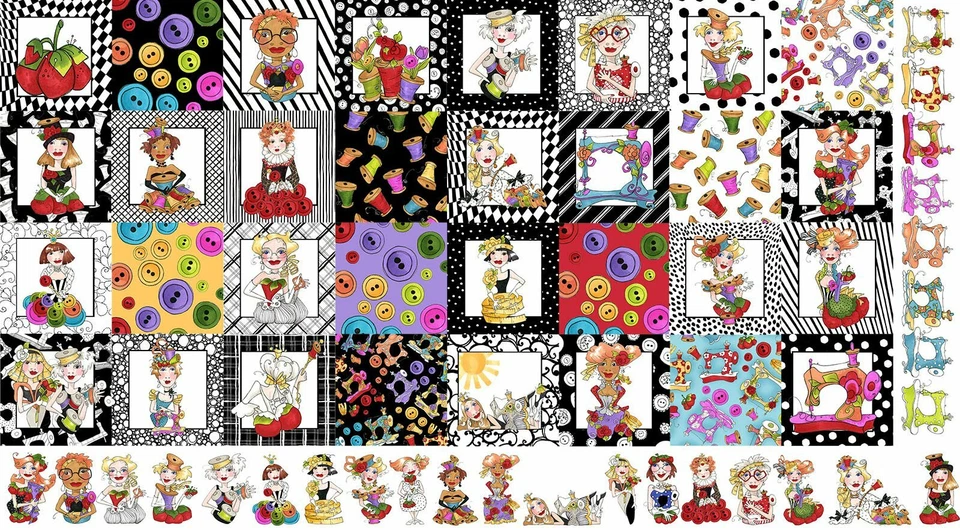 Loralie Medley Sew Curious Ladies Lady Sewing Theme Cotton Fabric 24"X44" Panel - Image 1 of 1