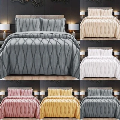 3 Piece Quilted Bedspread Bed Throw Single Double King Size Embossed Bedding Set - Image 1 of 4
