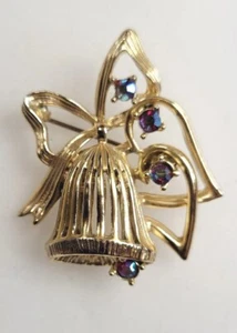 Vintage Dodd's Holiday Gold tone Bells Rhinestone Pin Brooch Multicolor Stones - Picture 1 of 5