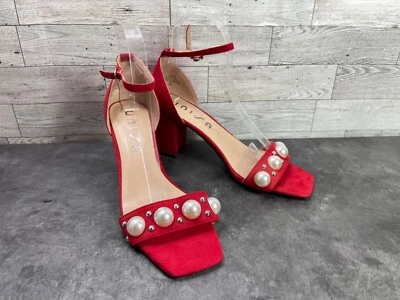Sandálias femininas Unisa 8,5 M Danai sapatos pérola camurça vermelha tornozelo alça salto bloco - Imagem 1 de 4