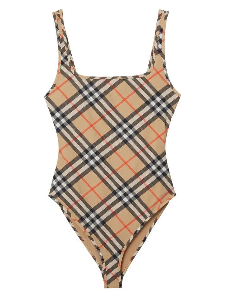 Burberry Beige Check-Pattern Swimsuit: Square Neck, Scoop Back, Slip-On Style - Image 1 of 4