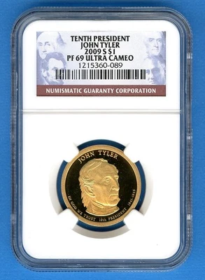 2009 S NGC PF69 UCAM John Tyler $1 US Mint Proof Coin 2009-S PR-69 Ultra Cameo - Image 1 of 3