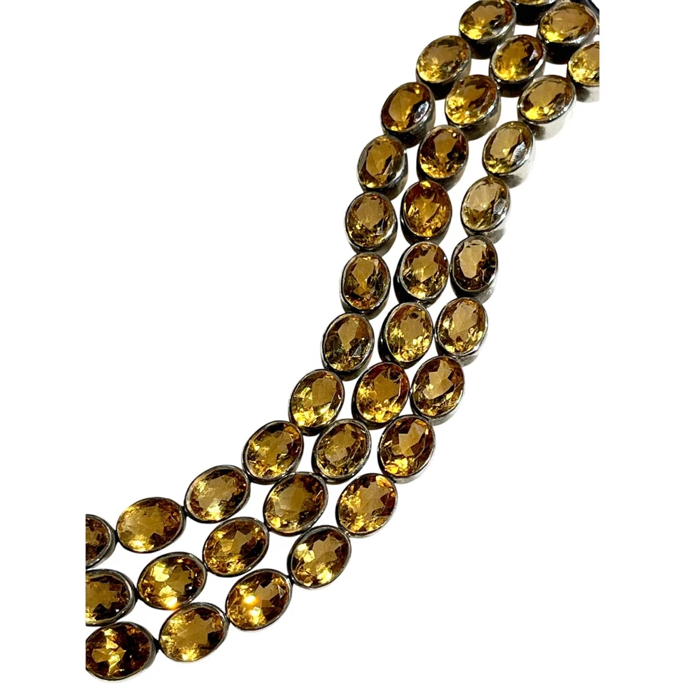 JUEGO DE 3 FILAS DE BISEL DE PLATA ESTERLINA BRAZALETE DE PIEDRAS PRECIOSAS DE CITRINO OVALADAS FACETADAS GENUINAS Foto 1 de 4
