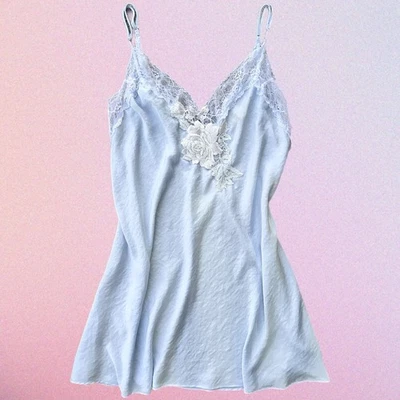 Vestido sin Mangas Lencería Vintage Linea Donatella Azul Claro Satinado Floral Encaje Talla XL Foto 1 de 4