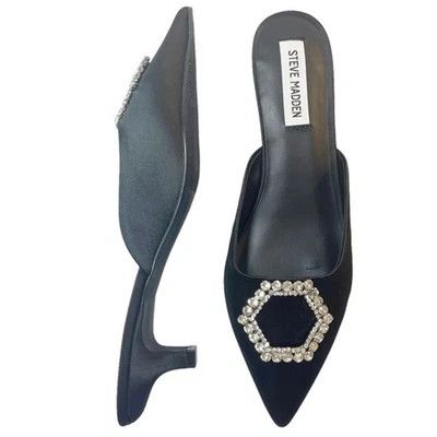 NWT Steve Madden Kees Black Satin Rhinestone Buckle Kitten Heel Mule Size 8.5 - Image 1 of 4