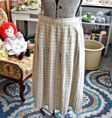 Falda a Cuadros Vintage Años 80 Stanley Mezcla de Lino Negro Beige y Blanco Talla Grande Foto 1 de 4