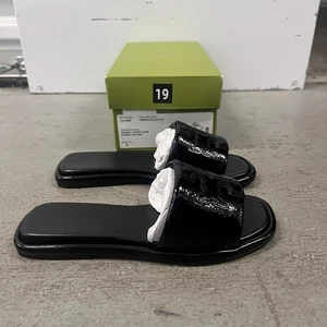 Tory Burch Double T Sport Slide Black Patent Leather Women Sandals 141380 Sz 5 - Picture 1 of 9