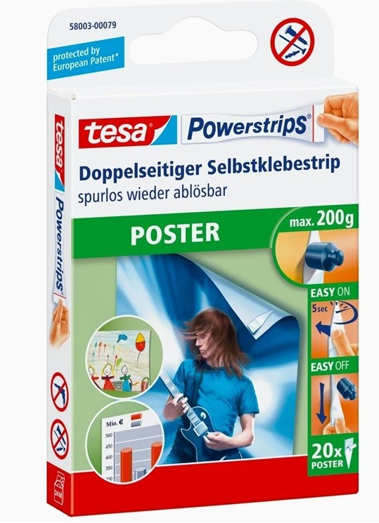Tesa ® Powerstrips ® Poster 20 Stck. Klebestreifen Klebestrips b.200g 58003 - Bild 1 von 1
