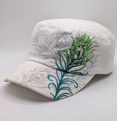 Gorra Pluma Pavo Real Mujer Cadete Militar Embellecida Líder Bling Blanca Foto 1 de 4