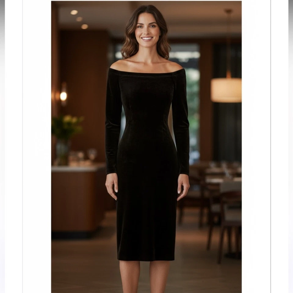 Vestido J Crew MARIO BELLUCCI Negro Terciopelo Cuello Barco Hombro Descubierto Manga Larga Talla 4 Foto 1 de 4