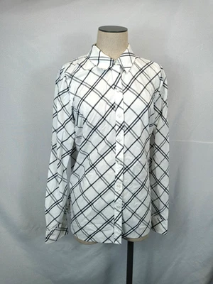 Kim Rogers Womens Blouse Size Large White Black Plaid Button Up Long Sleeve Top - Image 1 of 4