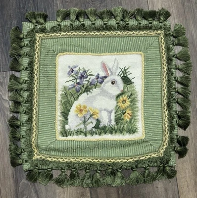 Almohada de punta de aguja de colección con flecos conejito conejo flores verde amarillo cremallera Foto 1 de 4
