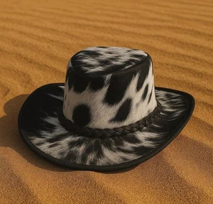 Black Cowhide Leather Cowboy Hat: Hair-on-Hide Western Rodeo style Victorian cow - Picture 1 of 2