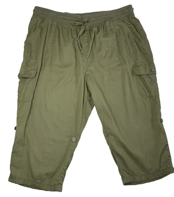 Женщина в плюс размер 24 Вт грузовой капри брюки зеленый трансформируемый рулон вкладка хлопок - Изображение 1 из 4