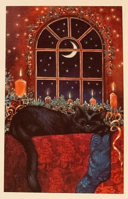 OTTER HOUSE BLACK CAT IN WINDOW ~ SLEEPING BEAUTY ~ SMALL SINGLE CARD APP 9 x 14cm~SEE DESCR