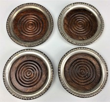 Set 4 Signed Sterling Silver 925 Wood Wooden Bar Barware Wine Bottle Coasters