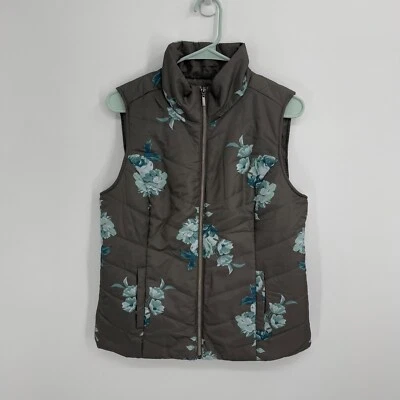 Christopher and Banks Mujer Puffer Vest Talla M Marrón Floral Cremallera Completa Foto 1 de 4