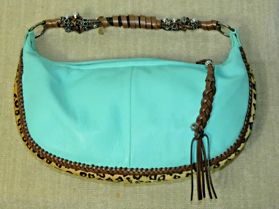BEVERLY FELDMAN Purse Turquoise Brown Animal Hair Leather Hobo Satchel Handbag - Image 1 of 4