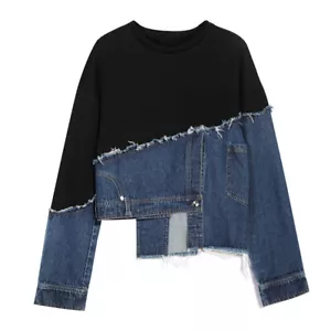 Lady Asymmetrical Sweatshirt Top Pullover Denim Patchwork Long Sleeve Loose Soft - Picture 1 of 5