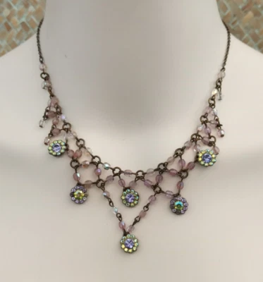 Michal Negrin Necklace Articulated Bib Flowers Beads AB Crystals Early Vintage - Image 1 of 4