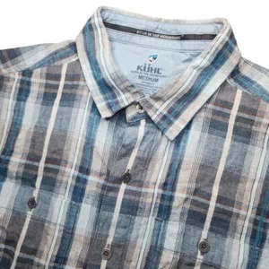 Kuhl Mens Medium Linen Grey & Blue Plaid Tapered Fit S/S Button Up Shirt - Picture 1 of 7