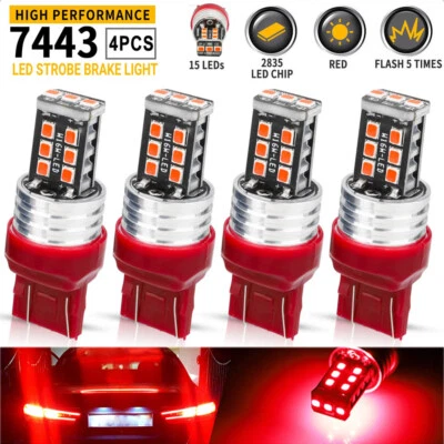 4PCS 7443 7440 LED Red Strobe Flash Blinking Brake Stop Tail Parking Light Bulbs - Image 1 of 4