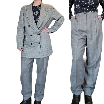 Conjunto de traje eléctrico mediano a cuadros años 90 para mujer 8 10 plisado doble pecho lana rayón Foto 1 de 4