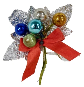 Christmas Corsage Mercury Glass Balls Silver Foil Leaves Red Bow Vintage #1130 - Picture 1 of 7