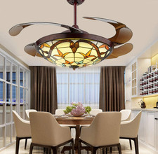 42" Tiffany Invisible Ceiling Fan Led 3-Color Change Light Classic Chandelier