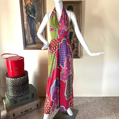 Maxi Vestido Solero Vintage Años 60/70 Psicodélico Hippie Woodstock Halter S Foto 1 de 4