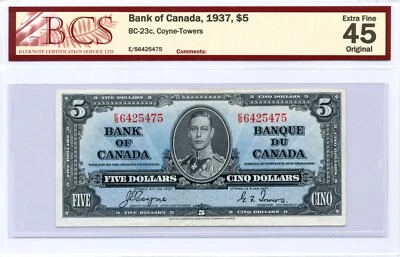 1937 $5 Bank of Canada, BC-23c, Extra Fine, BCS EF45 Original - Image 1 of 2