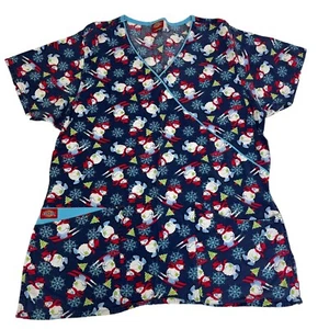 Dickies Womens Small Scrub Top Winter Snowman Blue V Neck Pockets Uniform - Picture 1 of 7