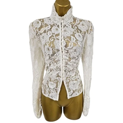 UK 12 KAREN MILLEN Camisa Blusa Top Acanalada Blanca Perla De Colección Encaje Transparente Foto 1 de 4