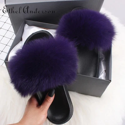 Sandálias femininas de pele de raposa fazenda real chinelos peludos slides ao ar livre esplêndidas - Imagem 1 de 4