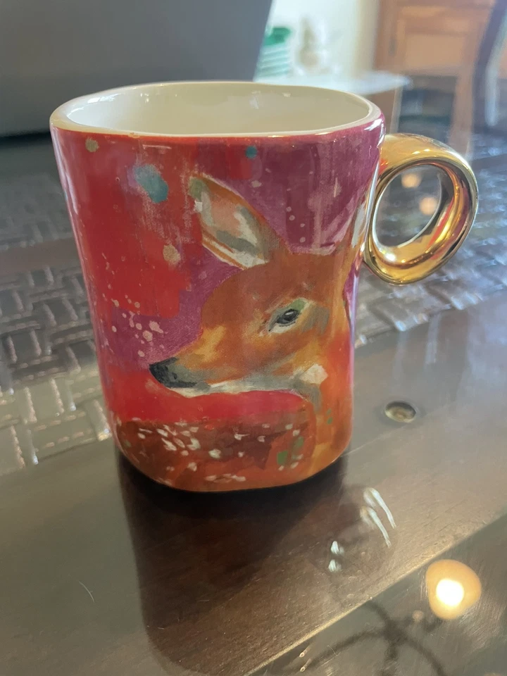 Taza Anthropologie Lauren Carlson Walcott Deer, rojo cervatillo, rosa 12 OZ Foto 1 de 4