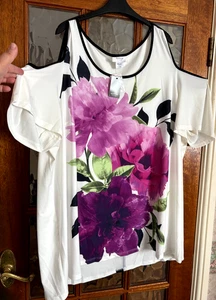 BNWT Ladies AVENUE STUDIO Ivory ORCHID Purple PANSY Mix COLD SHOULDER Top 30/32 - Picture 1 of 6