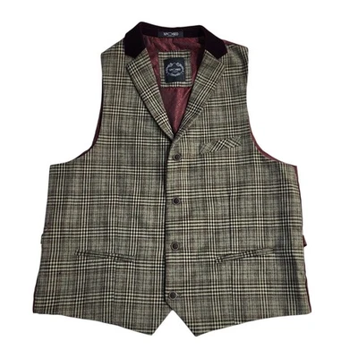 Exposed London Waistcoat Beige Check Felt Collared Wool Blend Men's M 40" - Image 1 of 4