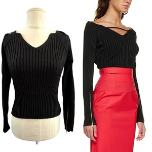 Jacquemus Size 34 (6 Aus 2 US) Black Ribbed Knit Long Sleeve Top French Designer - Foto 1 di 24