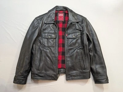 复古 Levi’s 黑色皮革卡车司机夹克格子衬里 S 码真皮  — 第 1/4 张图片